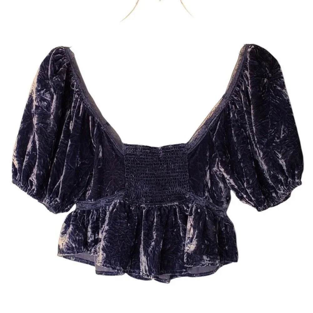 Free People Yours Truly Velvet Top Boho Victorian V-Neck Blouse